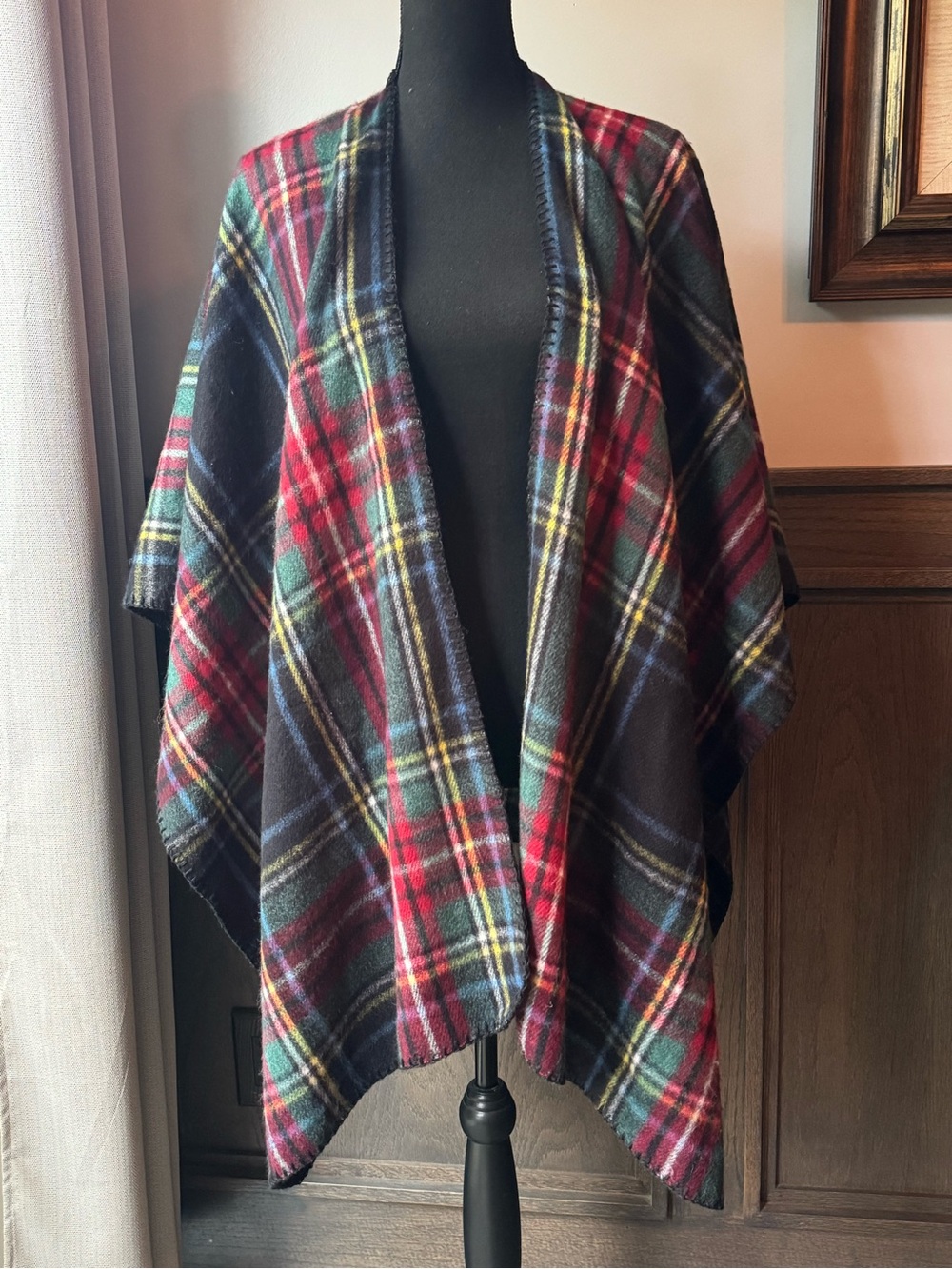 Woolrich Plaid Open-Front Blanket Wrap Jacket - Red, Green & Navy